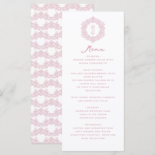Menú Recepción de Boda Elegante Rosa Patrimonio (Anverso / Reverso)