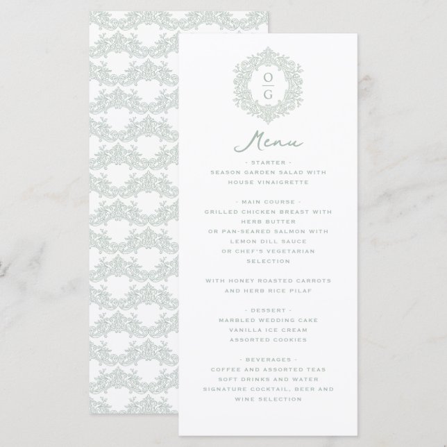 Menú Recepción de Boda Elegante y Verde de Antigüedad (Anverso / Reverso)