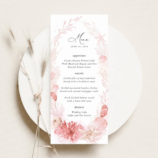 Menú Recepción de Boda en la Playa de Blush con Concha  (Blush coastal wedding menu beach menu card pink seashell elegant destination wedding stationery)