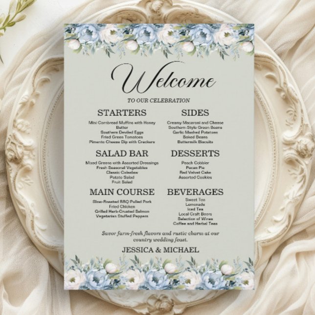 Menú Recepción de Boda Floral Azul Polvoriento Verde Sa (Dusty blue and white watercolor floral on sage green 5"x7" wedding menu)