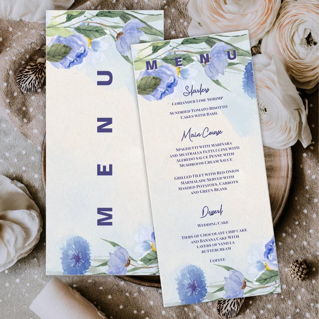 Menú Recepción de Boda Floral con Acuarela de Azul Polv (Dusty Blue Watercolor Floral Wedding Menu Card | Elegant Blue Botanical Reception Menu)