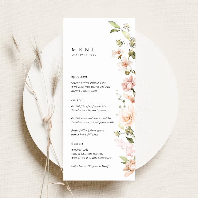 Menú Recepción de Boda Floral con Rubor de Melocotón (Peach Blush Floral Wedding Menu, Blush Pink Watercolor Wildflower Menu Card, Reception Place Decor)