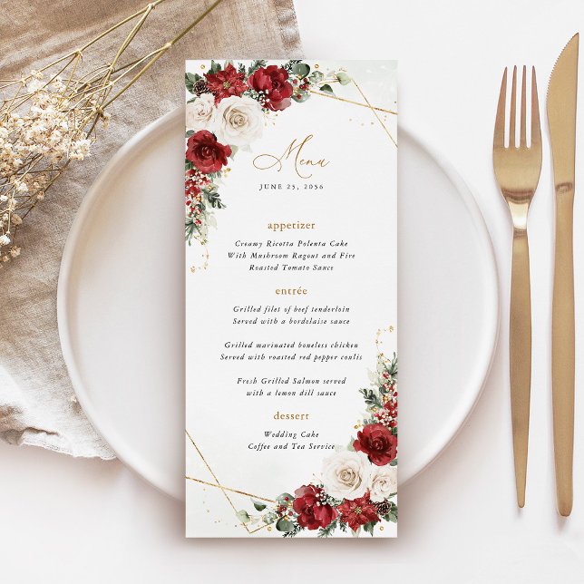 Menú Recepción de Boda Floral de Invierno con Dorado Bo (Burgundy Gold Winter Floral Wedding Menu Card, Christmas Holiday Elegant Geometric Reception Menu)