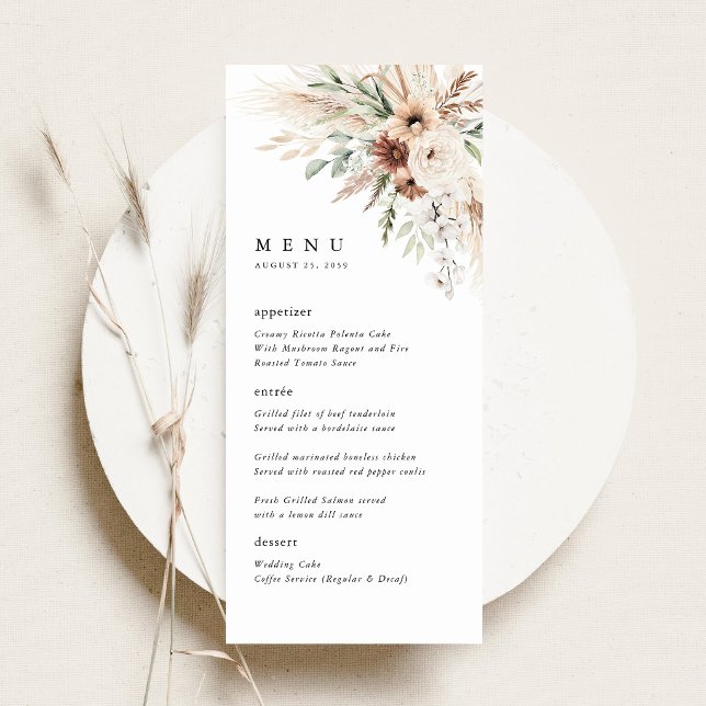 Menú Recepción de Boda Floral de Pampas Boho (Boho Pampas Grass Floral Wedding Menu Card, Neutral Reception Menu, sage green terracotta menu)