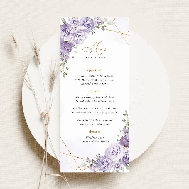 Menú Recepción de Boda Geométrica Floral Dorada Lavanda (Lavender Floral Gold Geometric Wedding Menu Card, Elegant Purple Rose Reception Menu)