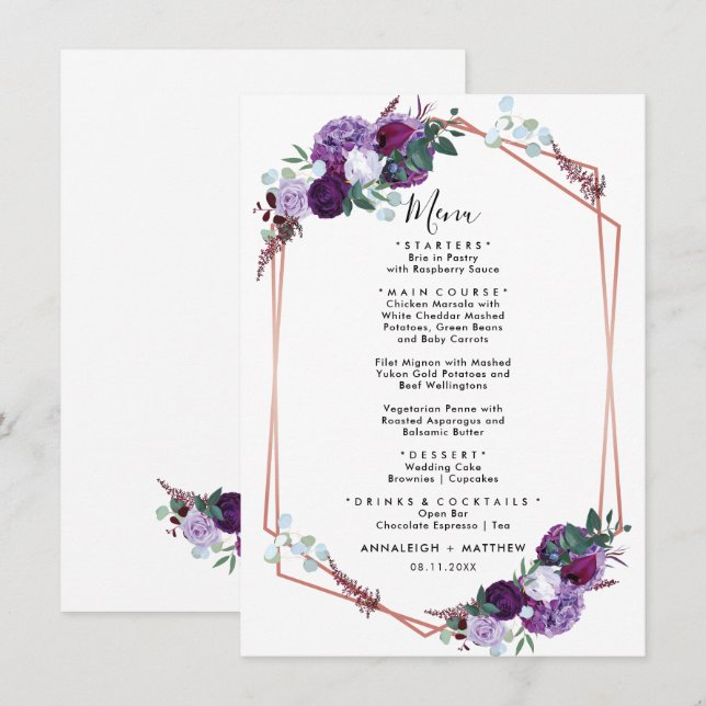 Menú Recepción de Boda Geométrica Morada Floral (Anverso / Reverso)
