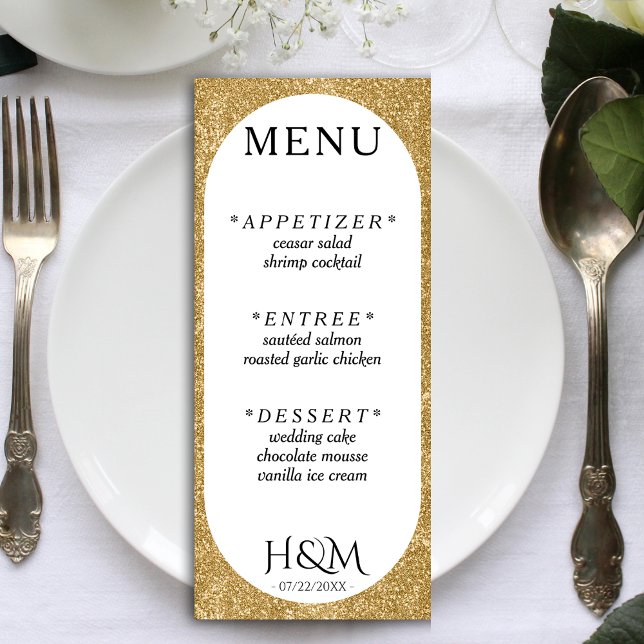 Menú Recepción de Boda Oval Purpurina Blanco y Oro (White & Gold Glitter Concave Wedding Reception Menu)