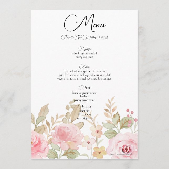 Menú Recepción de Boda Personalizada con Flores Elegant (Anverso)