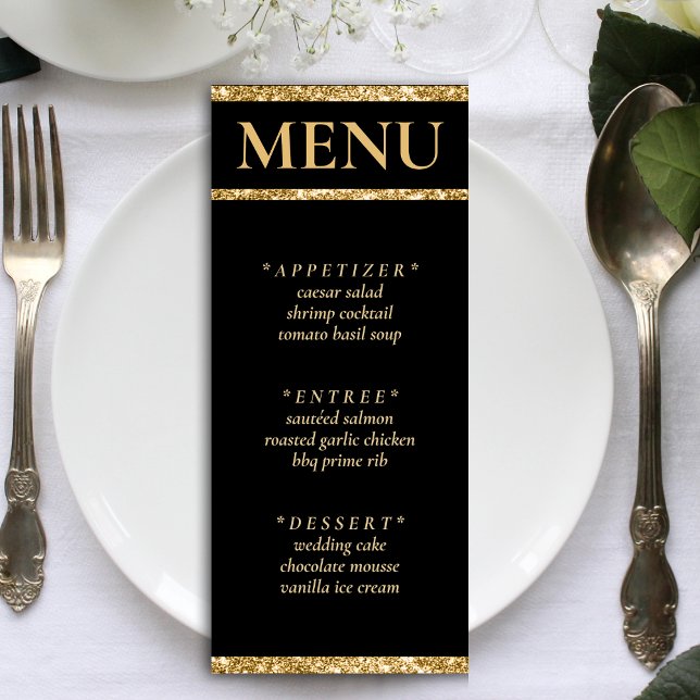 Menú Recepción de Boda Purpurina de Oro y Negro (Black & Gold Glitter Wedding Reception Menu)