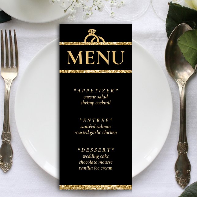Menú Recepción de Boda Purpurina de Oro y Negro (Black & Gold Glitter Wedding Reception Menu)