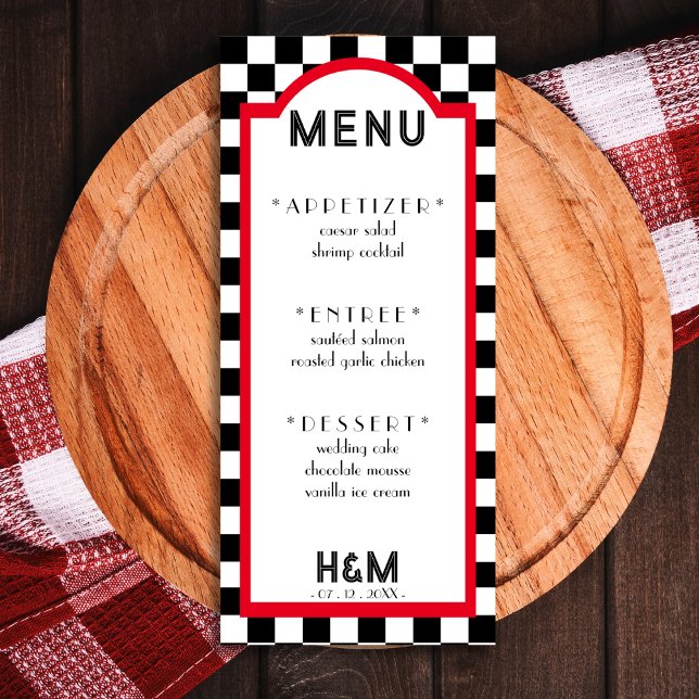 Menú Recepción de Boda Roja Retro Diner Checkerboard (Retro Diner Checkerboard Red Wedding Reception Menu)