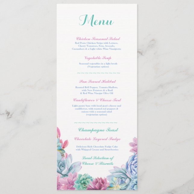 Menú Recepción de Boda Rústica Pastel Suculentas (Anverso)