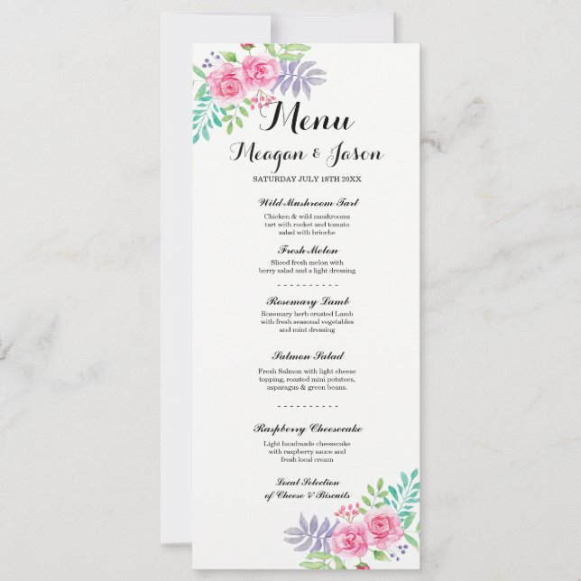 Menú Recepción de Boda Tarjetas Florales Elegantes (Anverso)