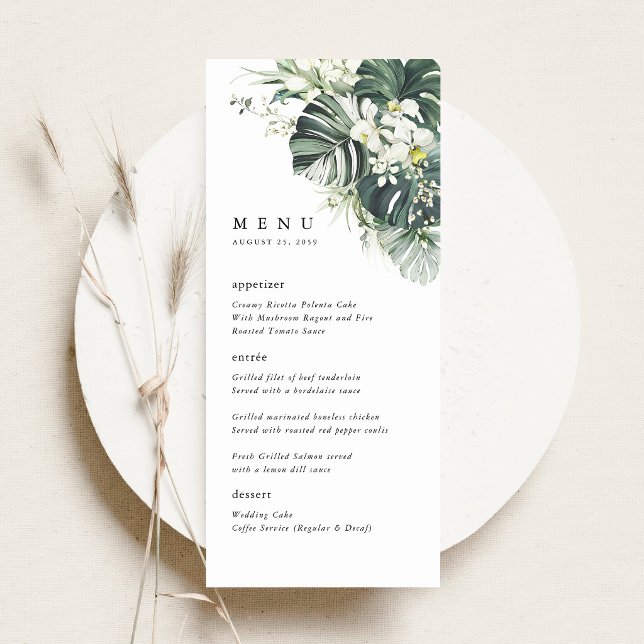Menú Recepción de Boda Tropical Verde Salvia Monstera (Sage Green Tropical Wedding Menu Card, Monstera Orchid Reception Table Menu, Destination Beach Menu)