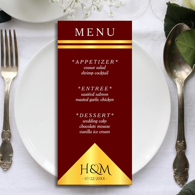 Menú Recepción de bodas con rayas geométricas de borgoñ (burgundy red and gold wedding menu)