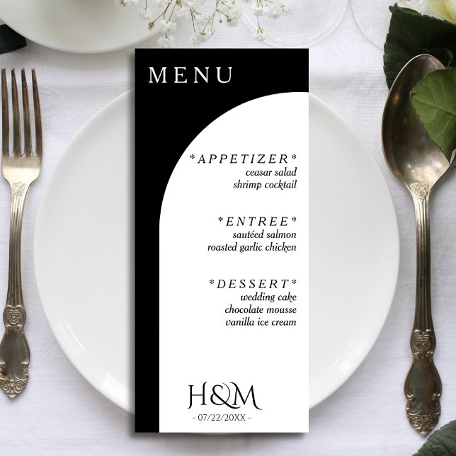 Menú Recepción de bodas de arco geométrico negro y blan (black and white wedding menu)