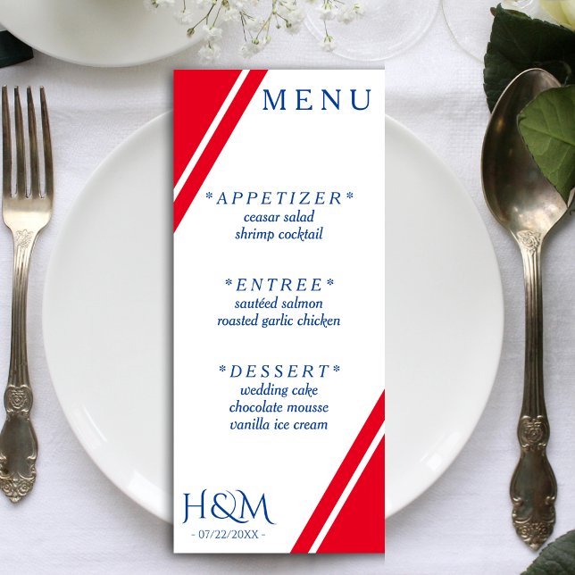 Menú Recepción de casamiento de banda blanca y azul (Red White & Blue Stripe Wedding Reception Menu)