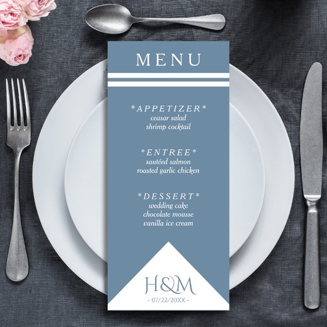 Menú Recepción de casamiento de banda geométrica azul y (dusty blue wedding menu)