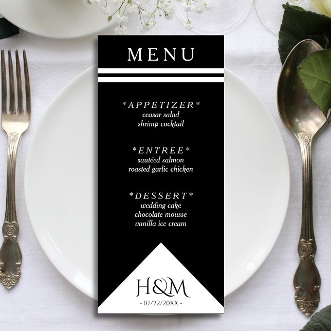 Menú Recepción de casamiento de rayas geométricas en bl (black and white wedding menu)
