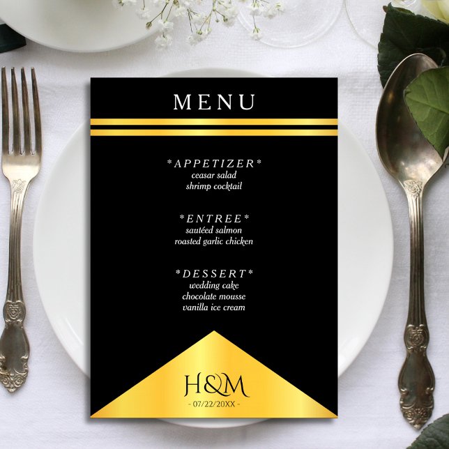 Menú Recepción de casamiento de rayas negras y doradas (black and gold wedding menu)