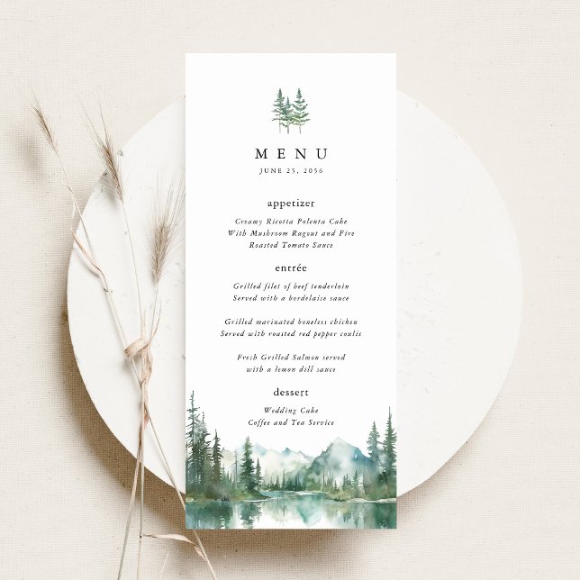 Menú Recepción de cena de boda en el bosque del lago de (Mountain Lake Wedding Menu Card, Watercolor Woodland Wedding Menu, Forest Wedding Reception Menu)