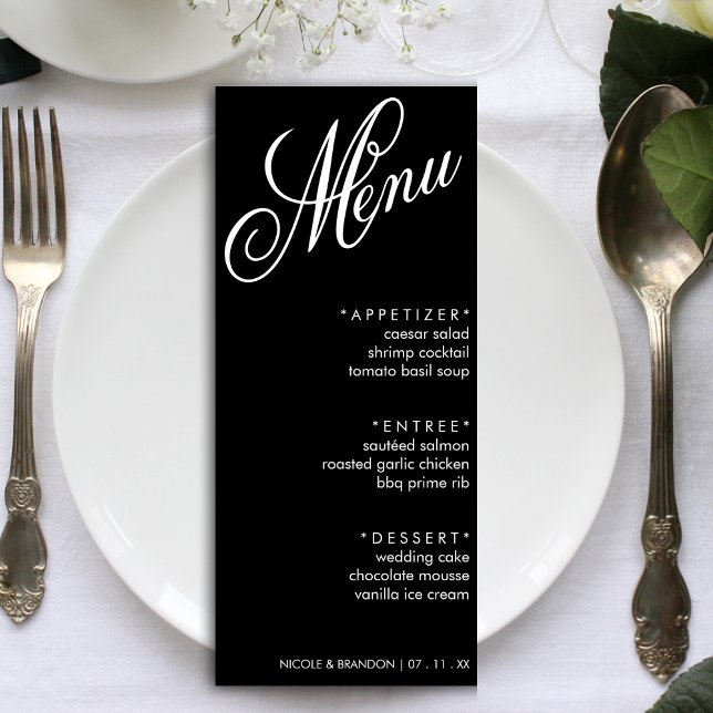 Menú Recepción de la boda de guiones elegantes en blanc (Black & White Elegant Script Wedding Reception Menu)