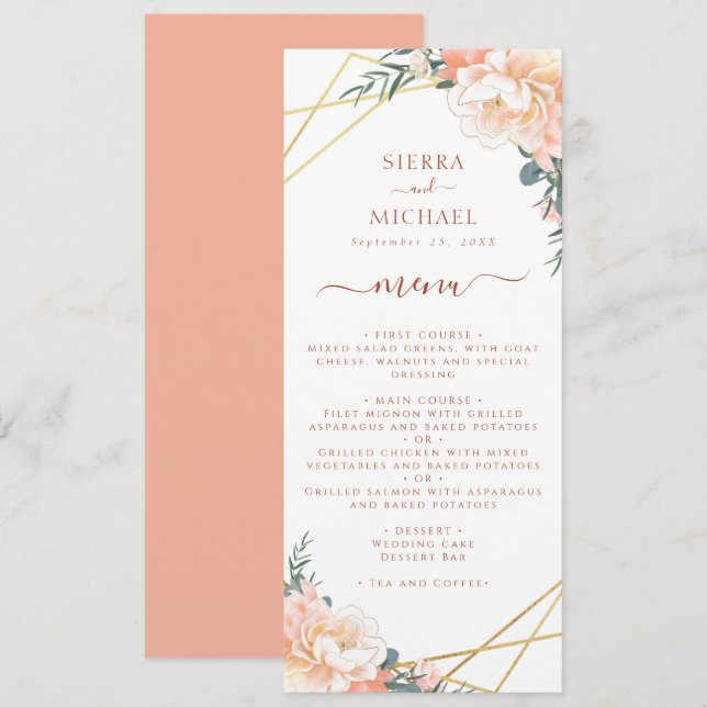 Menú Recepción de la Boda de Oro Terracotta Floral Peac (Anverso / Reverso)