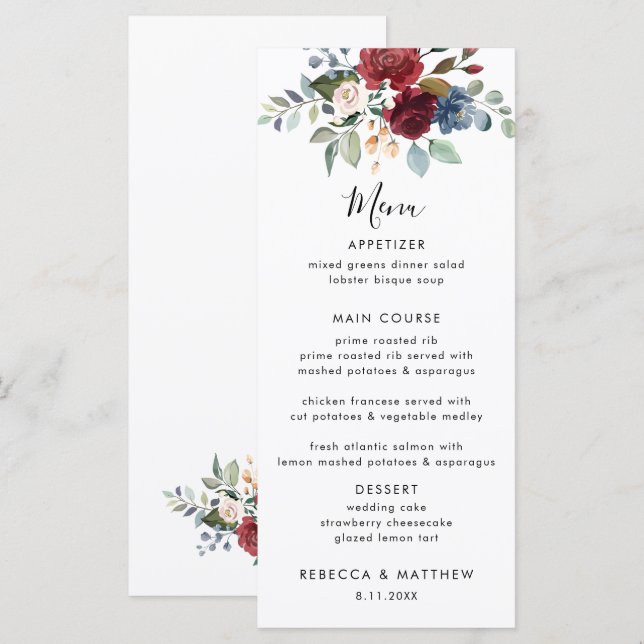 Menú Recepción de la escritura de acuarela floral (Anverso / Reverso)