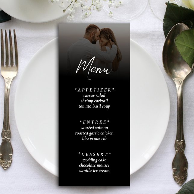Menú Recepción de matrimonio simple Ombre negro de foto (Simple Ombre Black Photo Wedding Reception Menu)