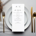 Menú Recepción minimalista elegante y moderna de boda<br><div class="desc">Presentamos nuestro Minimalista menú Boda moderno en blanco y negro, una adición refinada y elegante a su boda de tablescape que equilibra perfectamente el diseño contemporáneo con la sofisticación atemporal. Elaborados con precisión y con un ojo puesto en la estética minimalista, estos menús están diseñados para realzar su experiencia culinaria...</div>