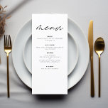 Menú Recepción minimalista elegante y moderna de boda<br><div class="desc">Presentamos nuestro Minimalista menú Boda moderno en blanco y negro, una adición refinada y elegante a su boda de tablescape que equilibra perfectamente el diseño contemporáneo con la sofisticación atemporal. Elaborados con precisión y con un ojo puesto en la estética minimalista, estos menús están diseñados para realzar su experiencia culinaria...</div>
