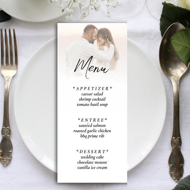 Menú Recepción sencilla de casamiento con fotos blancas (Simple Ombre White Photo Wedding Reception Menu)