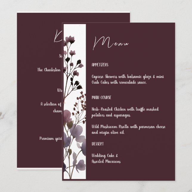 Menú Red Blush Floral Wedding Elegant Romantic (Anverso / Reverso)