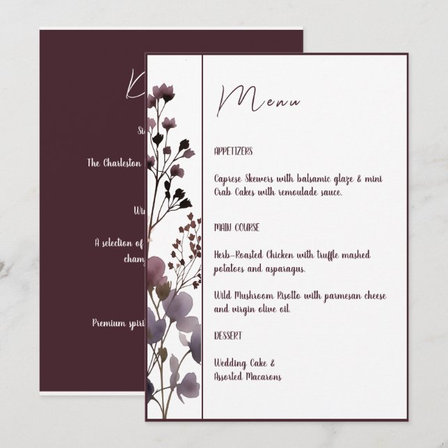 Menú Red Blush Floral Wedding Elegant Romantic (Anverso / Reverso)