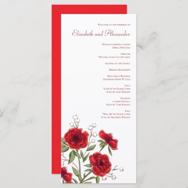 Menú Red Rose Romantic Wedding Programs (Anverso / Reverso)