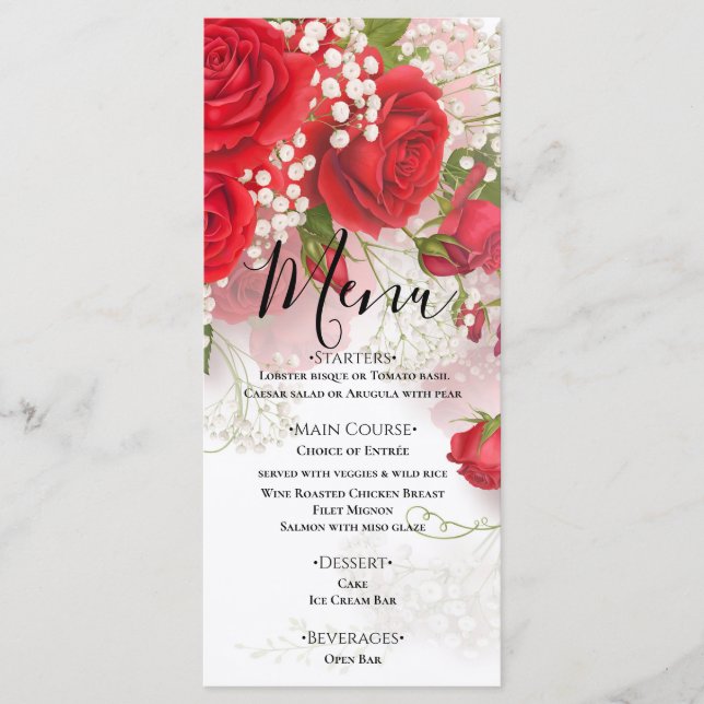 Menú Red Roses & Babys Breath Elegant Floral Wedding  (Anverso)