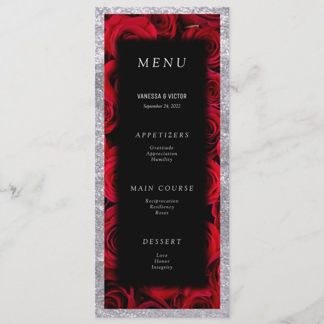 Menú Red Roses Faux Silver Black Luxury Boda (Anverso)