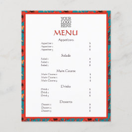 Menú Red Verde azulada Floral Cafetería