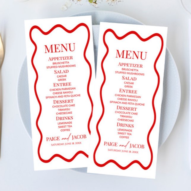 Menú Red White Elegant Wavy Border Wedding Food (Subido por el creador)