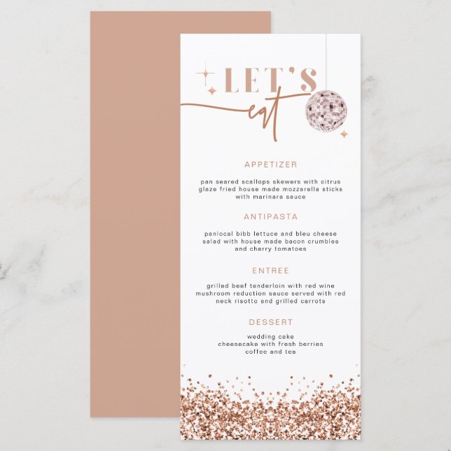 Menú RegINA Rosa Gold Sequins Disco Comamos la carta (Anverso / Reverso)