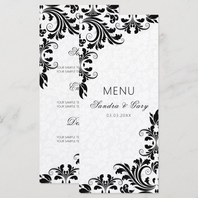 Menú Rejillas blancas de encaje negro elegantes (Anverso / Reverso)