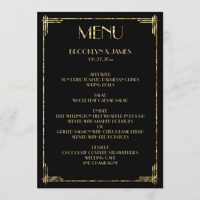 Menú Relieve metalizado dorado Gran Gatsby Art Deco Men (Anverso)