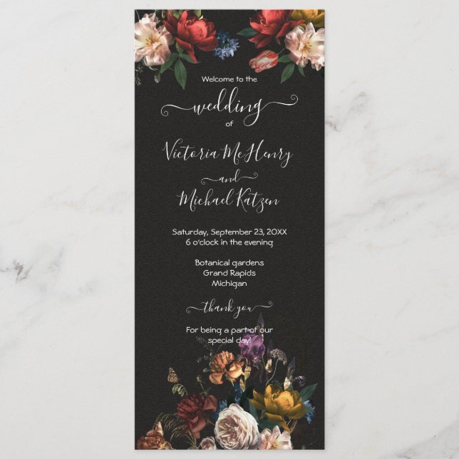 Menú Rembrandt Floral Dark & Moody Wedding (Anverso)