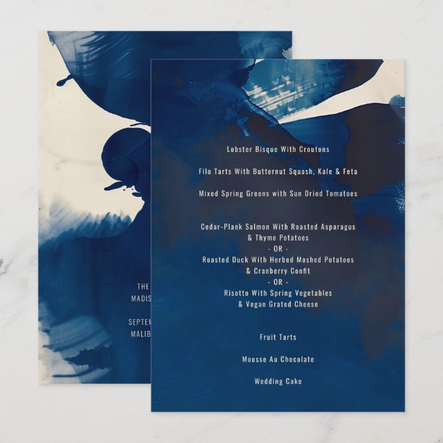 Menú Resumen Boda único de pintura de tinta azul de la  (Anverso / Reverso)