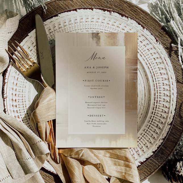 Menú Resumen de oro | Boda elegante (An elegant, faux gold abstract look and a trendy neutral center frame decorate this wedding menu)