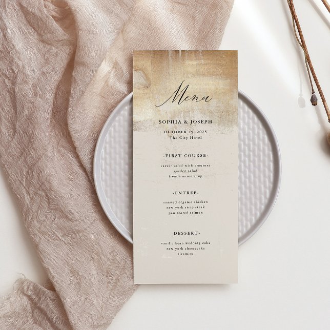 Menú Resumen de oro | Boda elegante (An elegant, neutral colored wedding menu with faux gold abstract accents)