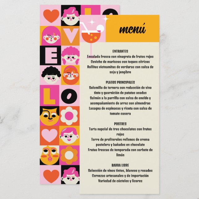 Menú Retro Amarillo y Rosa Estampado Geométrico Boda (Anverso / Reverso)