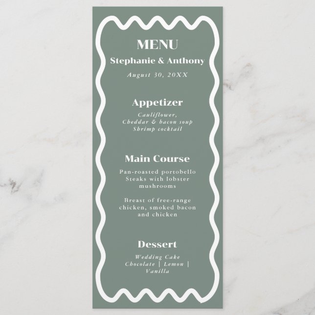 Menú Retro Boda verde ondulante Wavy Edge Sage de los a (Anverso)