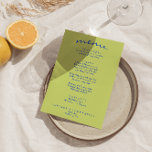 Menú Retro Colorido Brillante Funky Moderno Boho Boda<br><div class="desc">Un colorido menú retro funky moderno y luminoso para la cena boda. Que presenta el diseño de plantillas de moda de fondo boho de color verde claro y tipografía azul y menú escrito a mano en azul. Y fondo verde claro. Perfecto y a juego con la suite.</div>