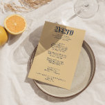 Menú Retro Colorido Brillante Funky Moderno Boho Boda<br><div class="desc">Un colorido menú retro funky moderno y luminoso para la cena boda. Que presenta el diseño de plantillas de moda de fondo amarillo boho de melocotón vintage y tipografía azul oxford y menú escrito a mano en azul. Y fondo verde claro. Perfecto y a juego con la suite.</div>